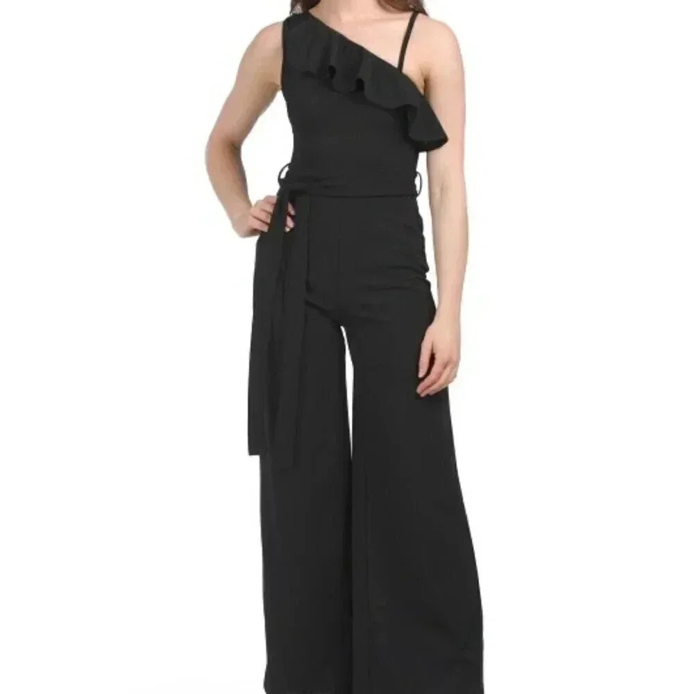 One Shoulder Ruffle Jumpsuit with Tie Waist